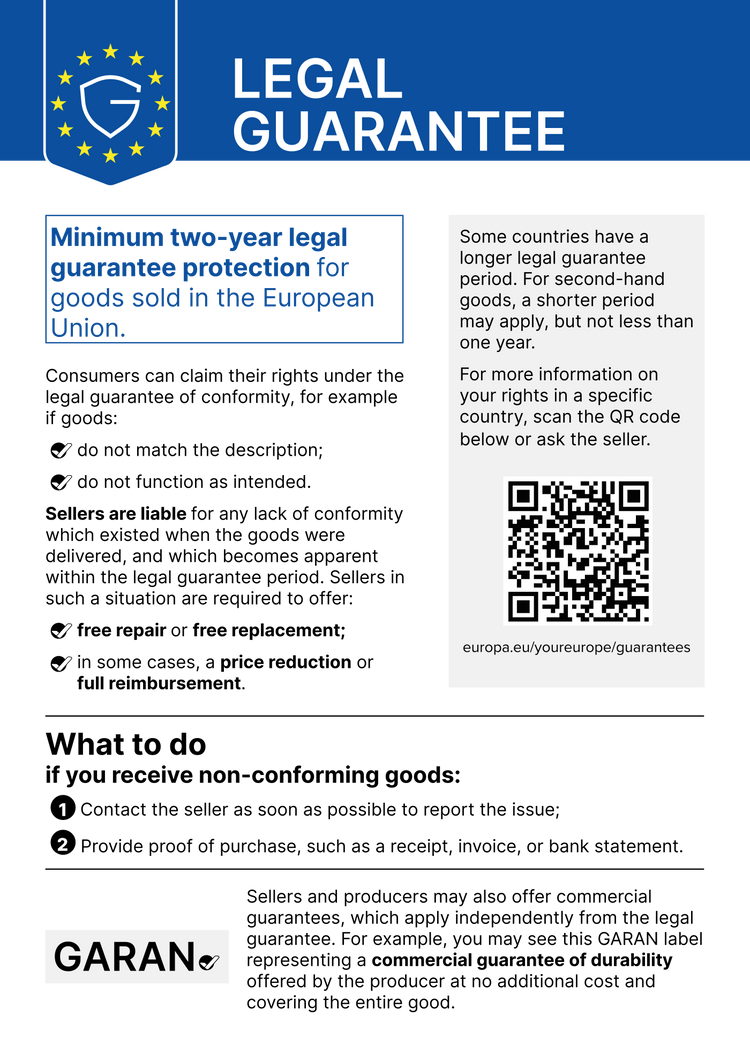 Minimum two-year legal guarantee on goods sold in the EU